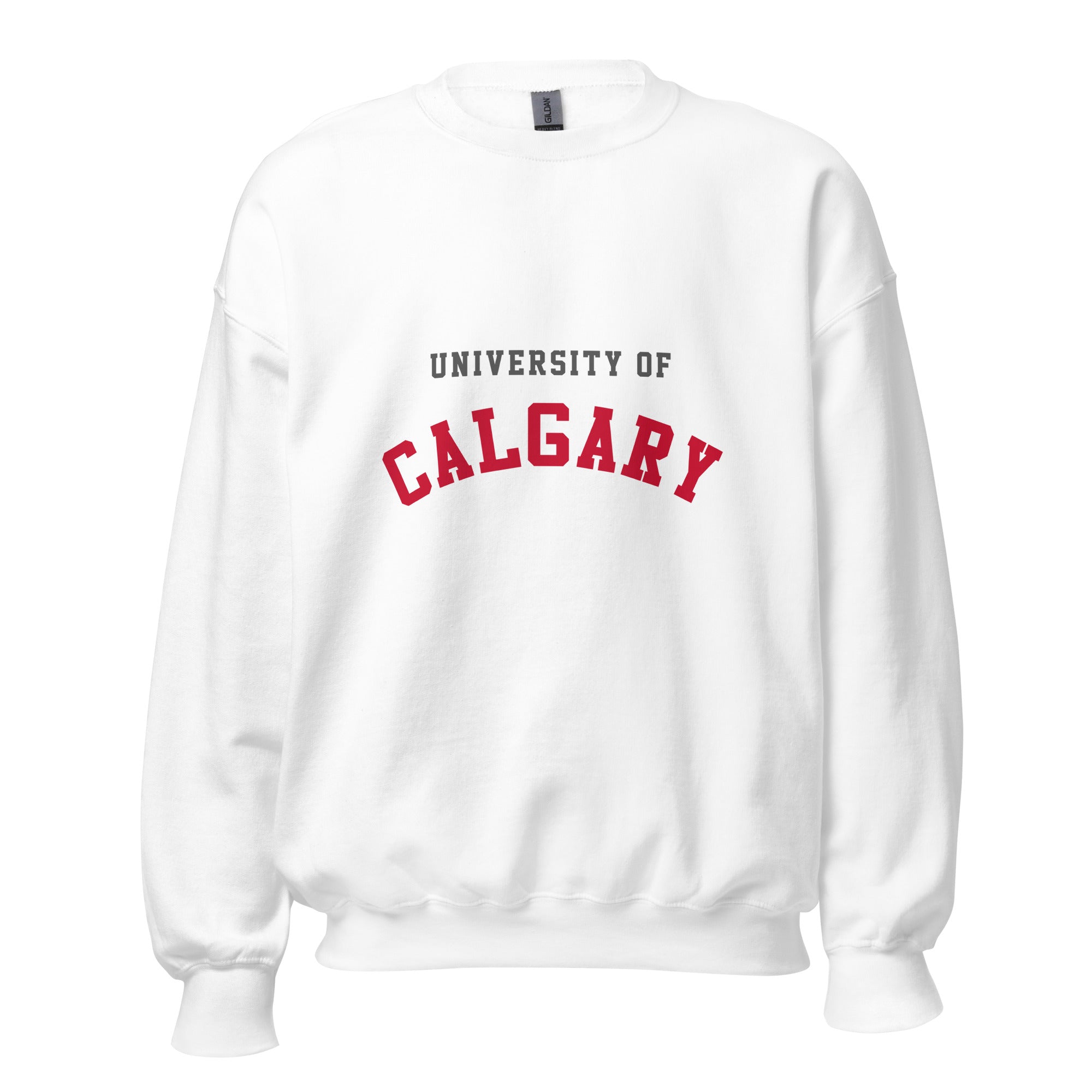 Unisex sweatshirt featuring University of Calgary name and branding in red and gold