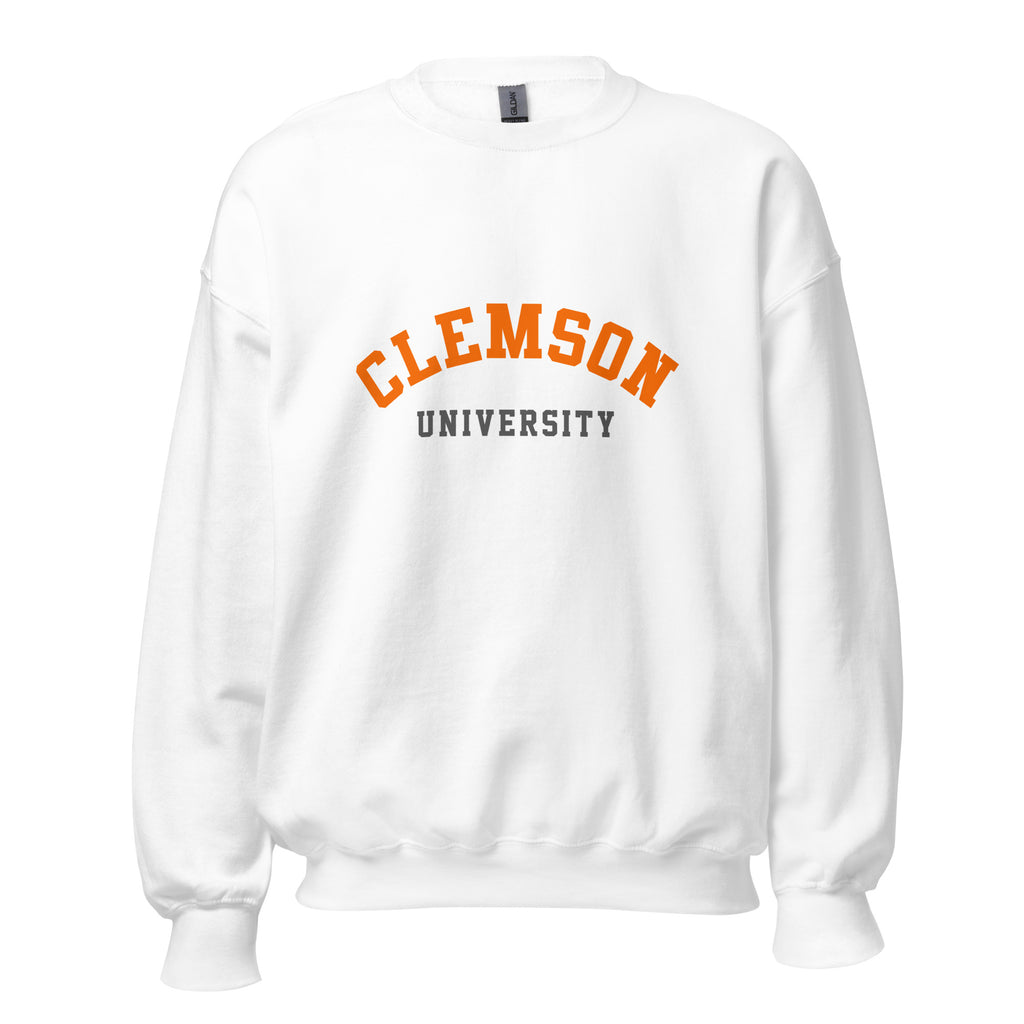 Unisex sweatshirt featuring Clemson University name and branding in orange and purple