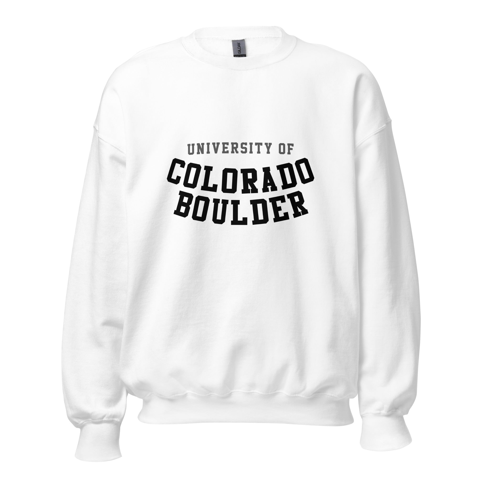 Unisex sweatshirt featuring University of Colorado Boulder name and branding in gold and black