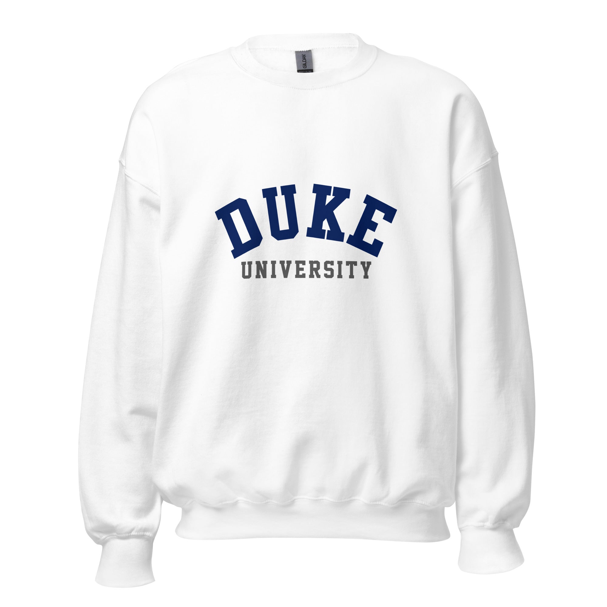 Unisex sweatshirt featuring Duke University name and branding in royal blue and white