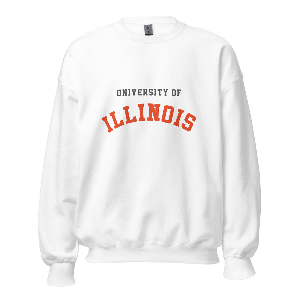 Unisex sweatshirt featuring University of Illinois name and branding in orange and navy blue