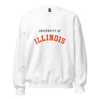 Unisex sweatshirt featuring University of Illinois name and branding in orange and navy blue
