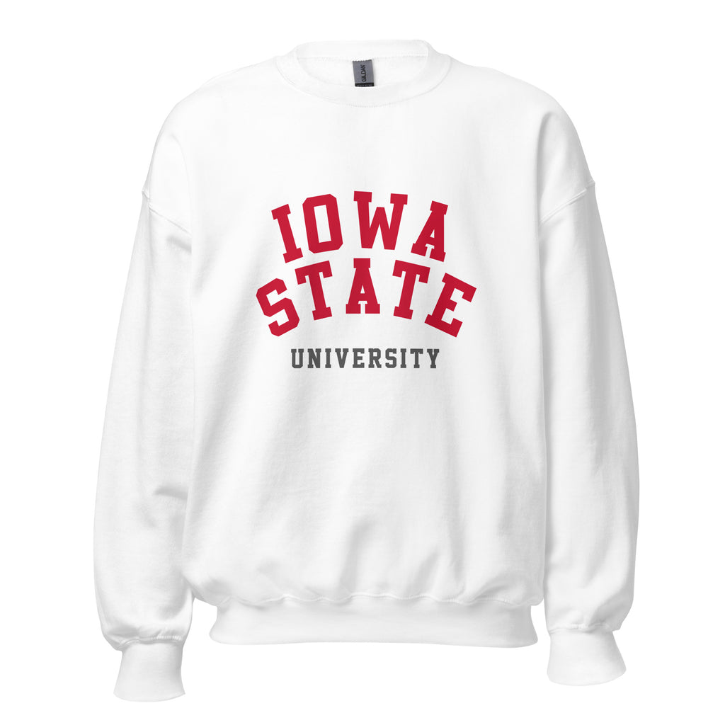 Unisex sweatshirt featuring Iowa State University name and branding in cardinal and gold