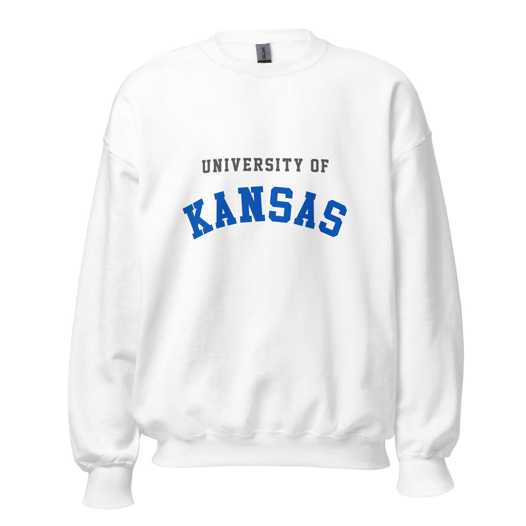Unisex sweatshirt featuring University of Kansas name and branding in crimson and blue