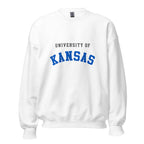 Unisex sweatshirt featuring University of Kansas name and branding in crimson and blue