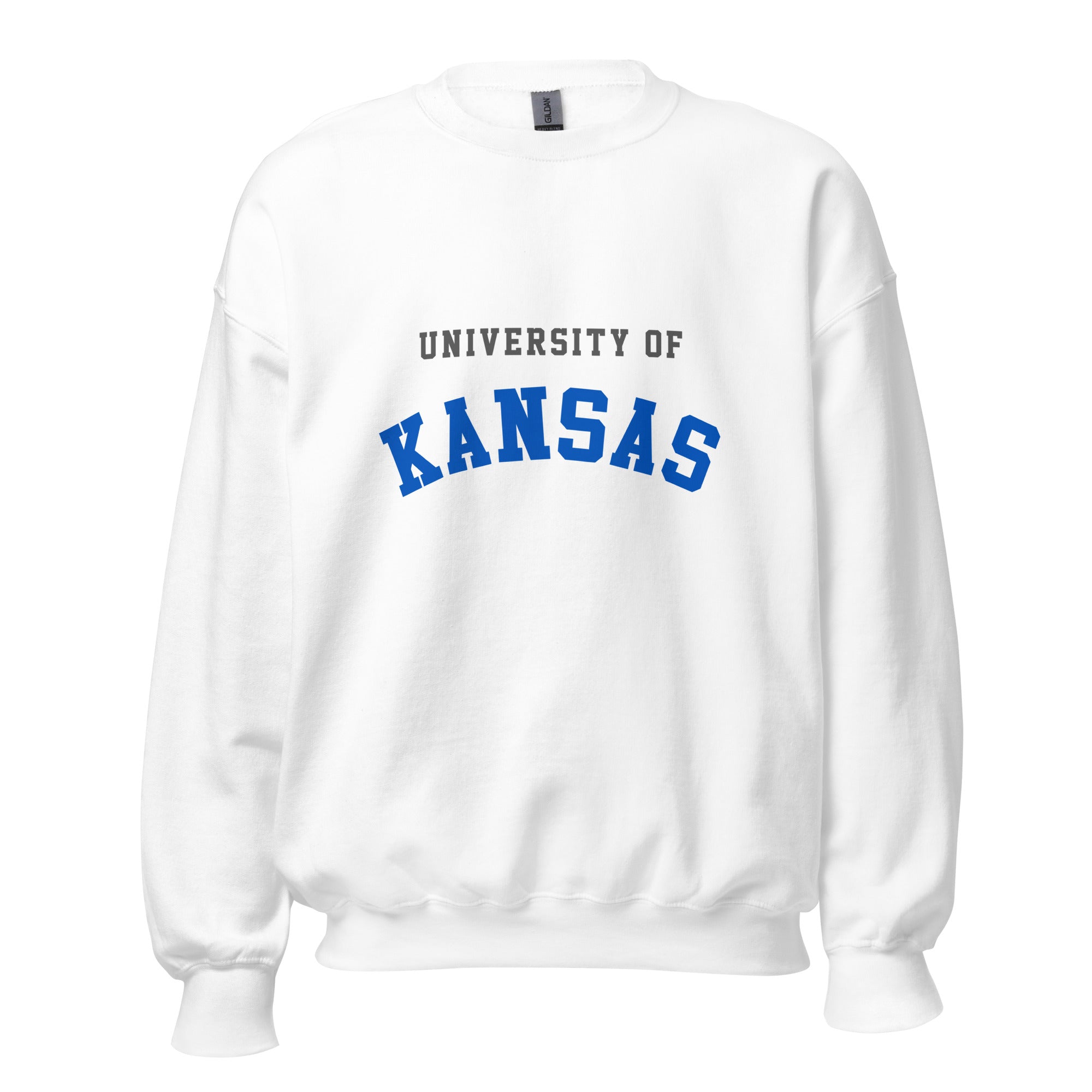 Unisex sweatshirt featuring University of Kansas name and branding in crimson and blue