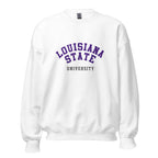 Unisex sweatshirt featuring Louisiana State University name and branding in purple and gold