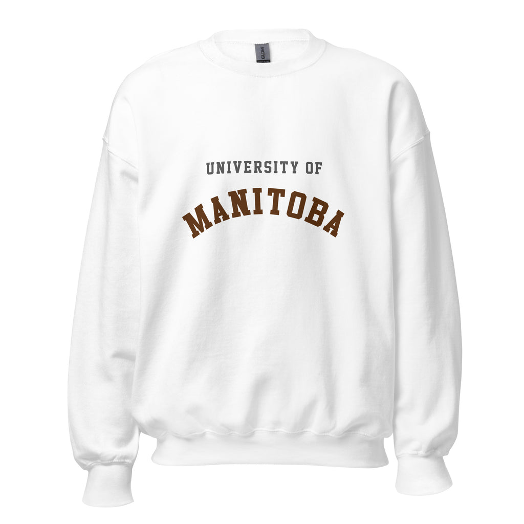Unisex sweatshirt featuring University of Manitoba name and branding in bison brown and gold
