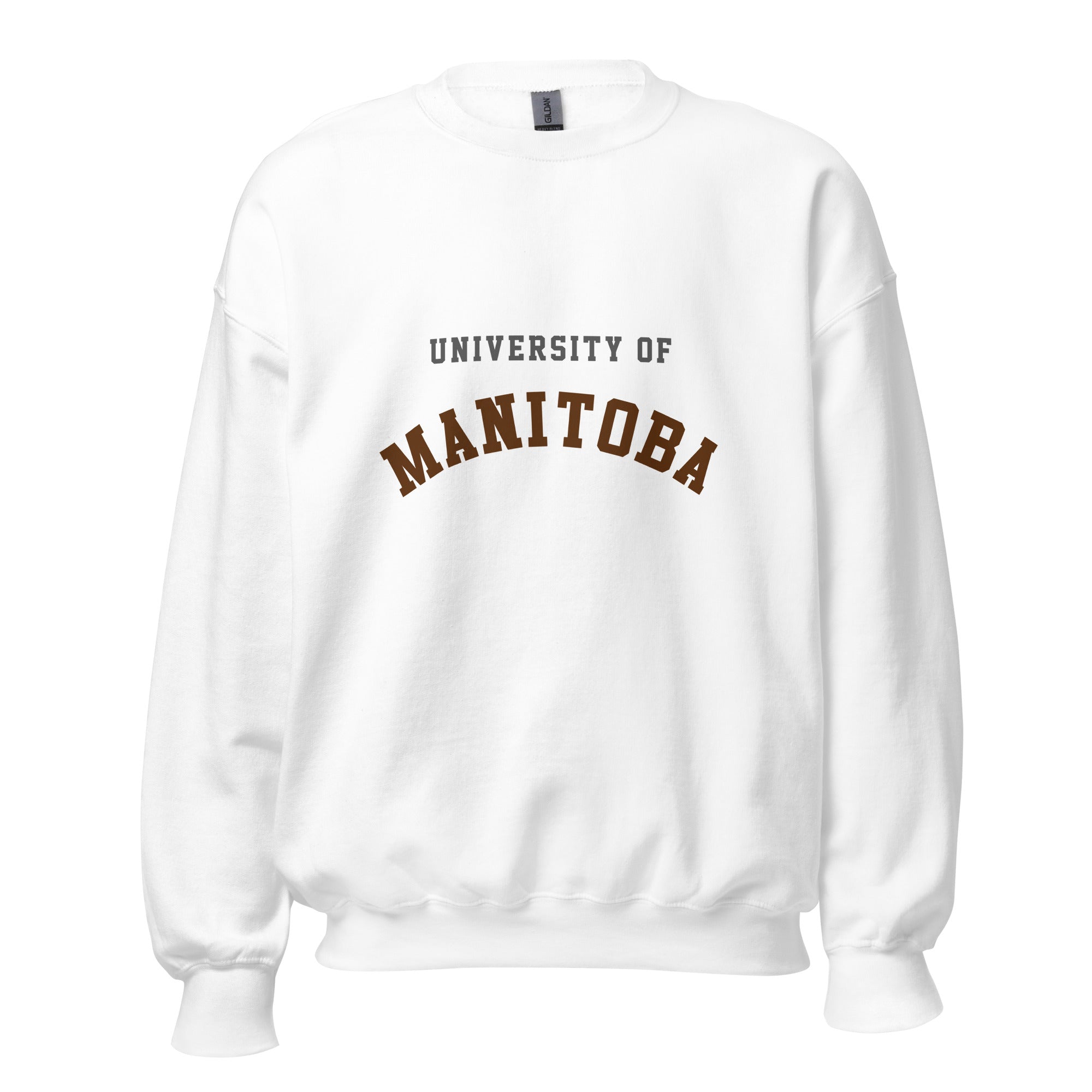 Unisex sweatshirt featuring University of Manitoba name and branding in bison brown and gold