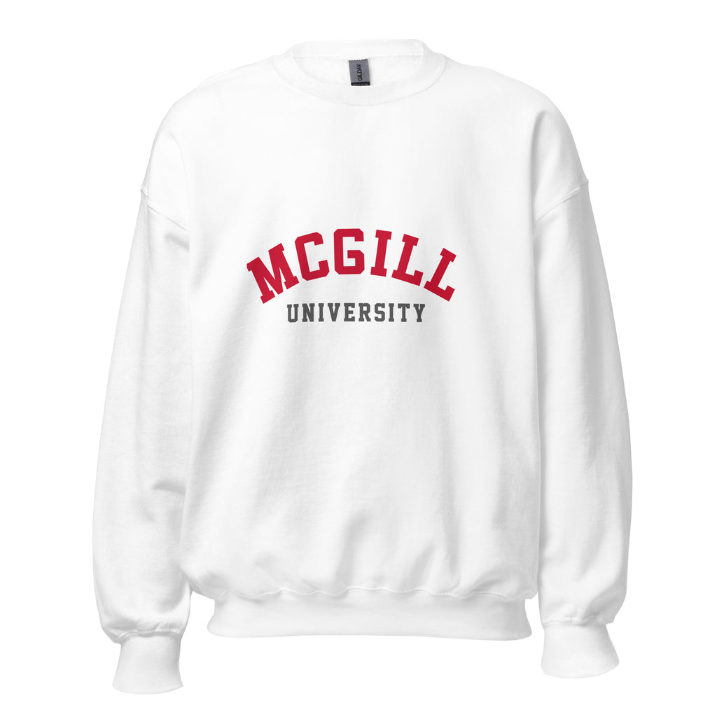 Unisex sweatshirt featuring McGill University name and branding in red and white