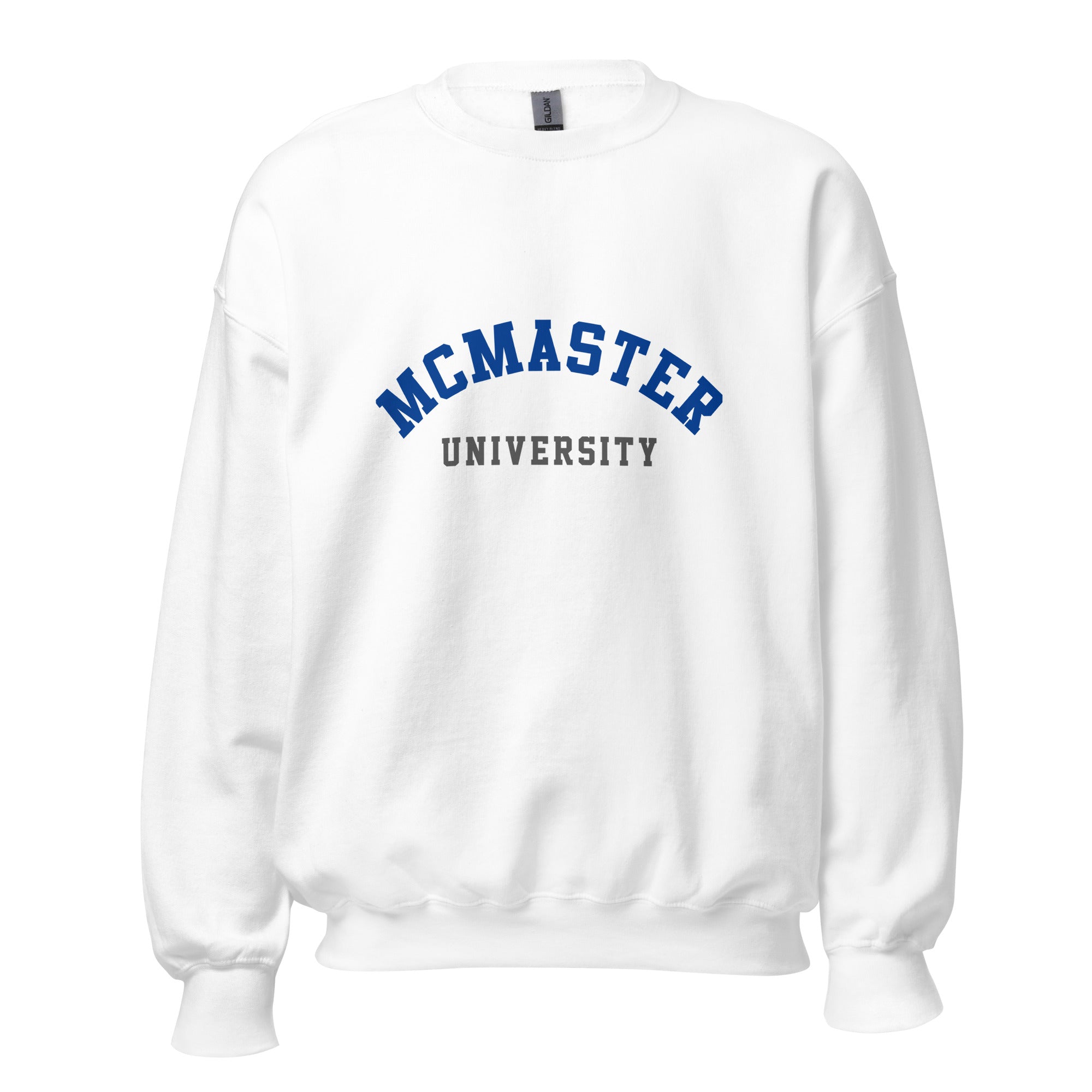 Unisex sweatshirt featuring McMaster University name and branding in maroon and gold