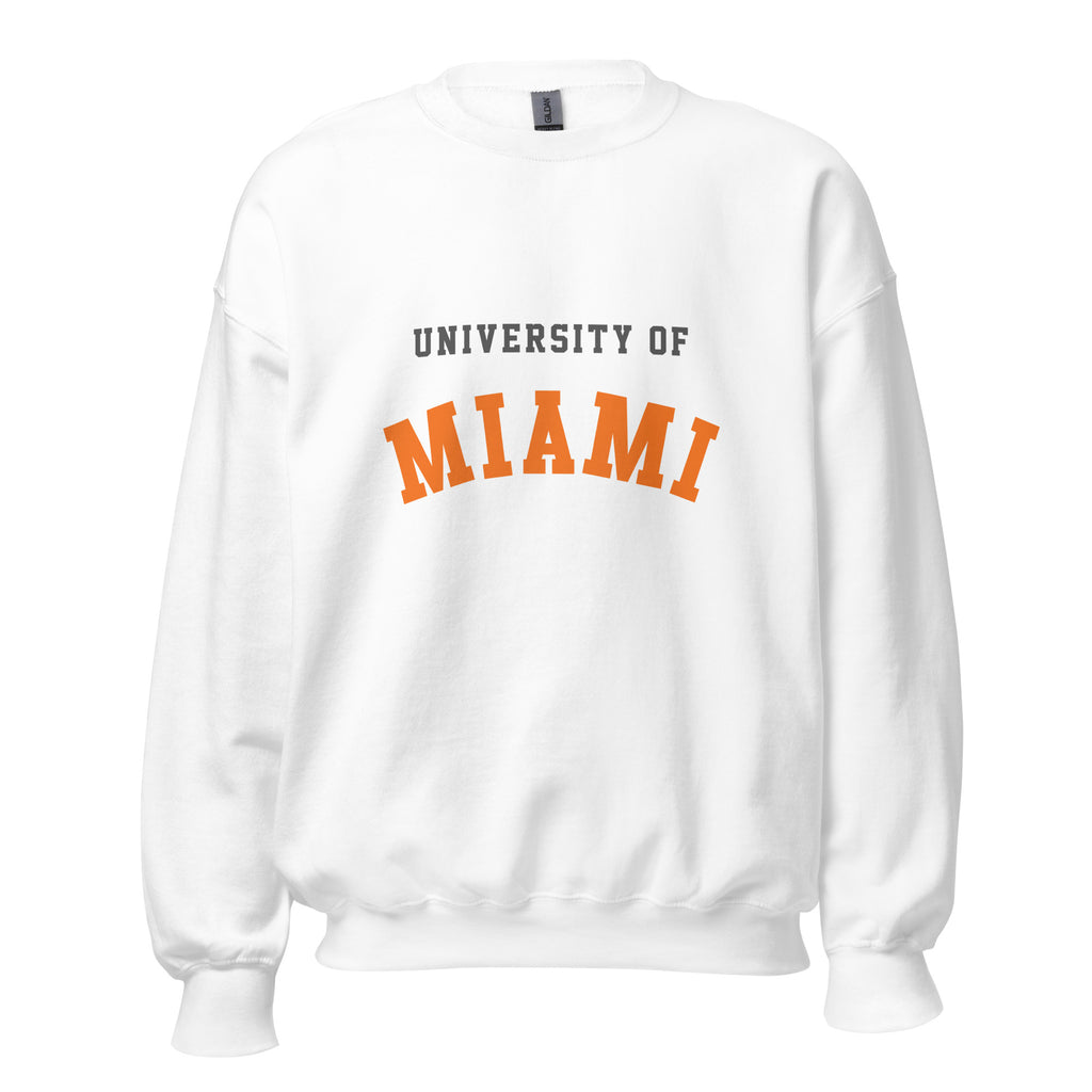 Unisex sweatshirt featuring University of Miami name and branding in orange, green, and white