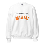 Unisex sweatshirt featuring University of Miami name and branding in orange, green, and white