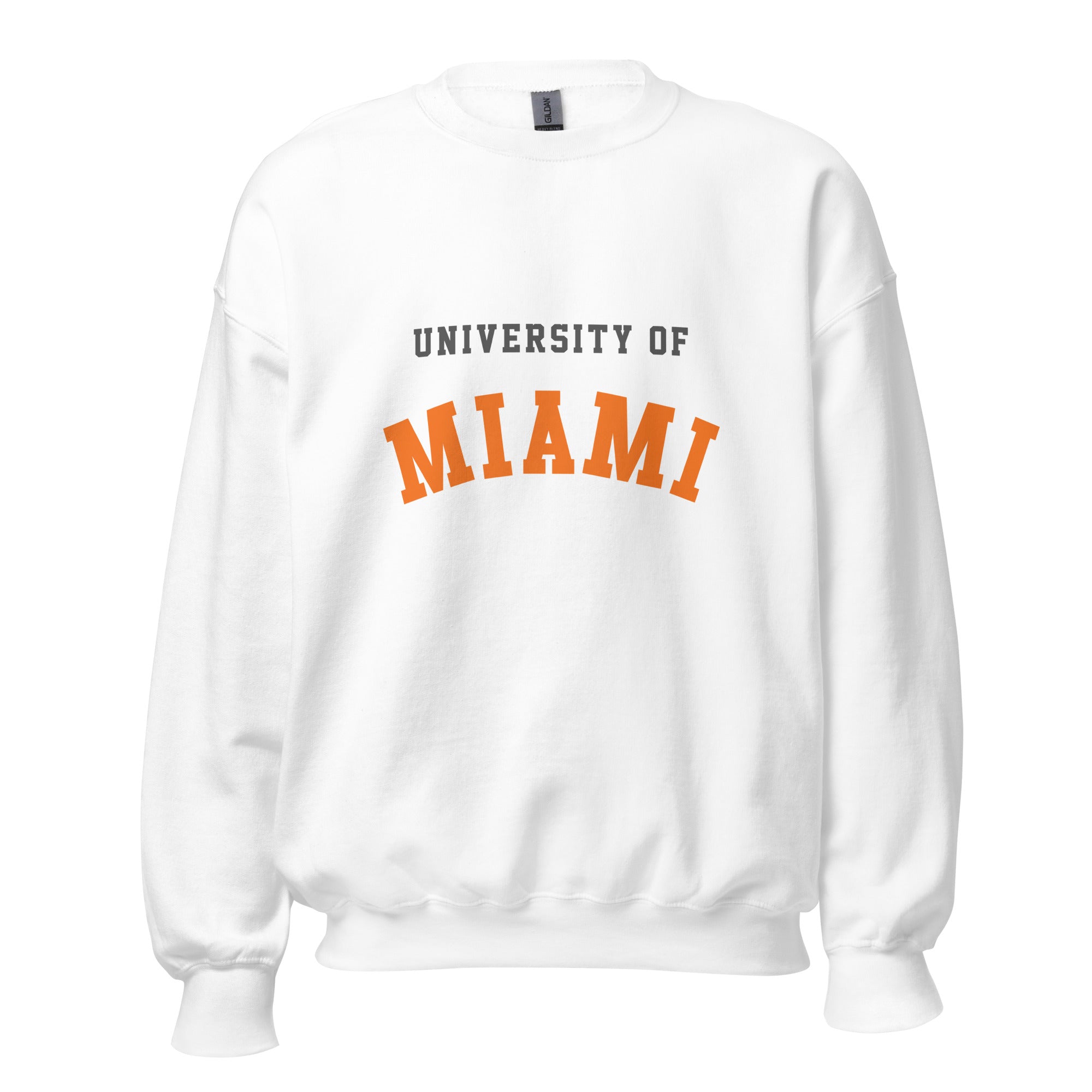Unisex sweatshirt featuring University of Miami name and branding in orange, green, and white