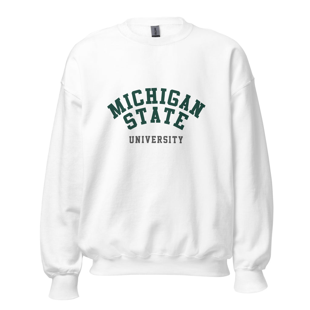 Unisex sweatshirt featuring Michigan State University name and branding in green and white
