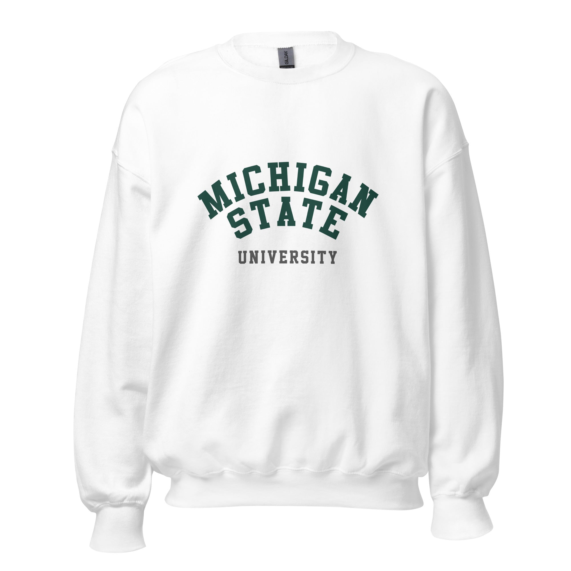 Unisex sweatshirt featuring Michigan State University name and branding in green and white