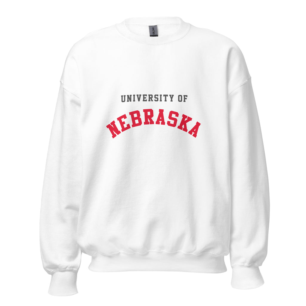 Unisex sweatshirt featuring University of Nebraska name and branding in scarlet and cream