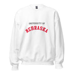 Unisex sweatshirt featuring University of Nebraska name and branding in scarlet and cream