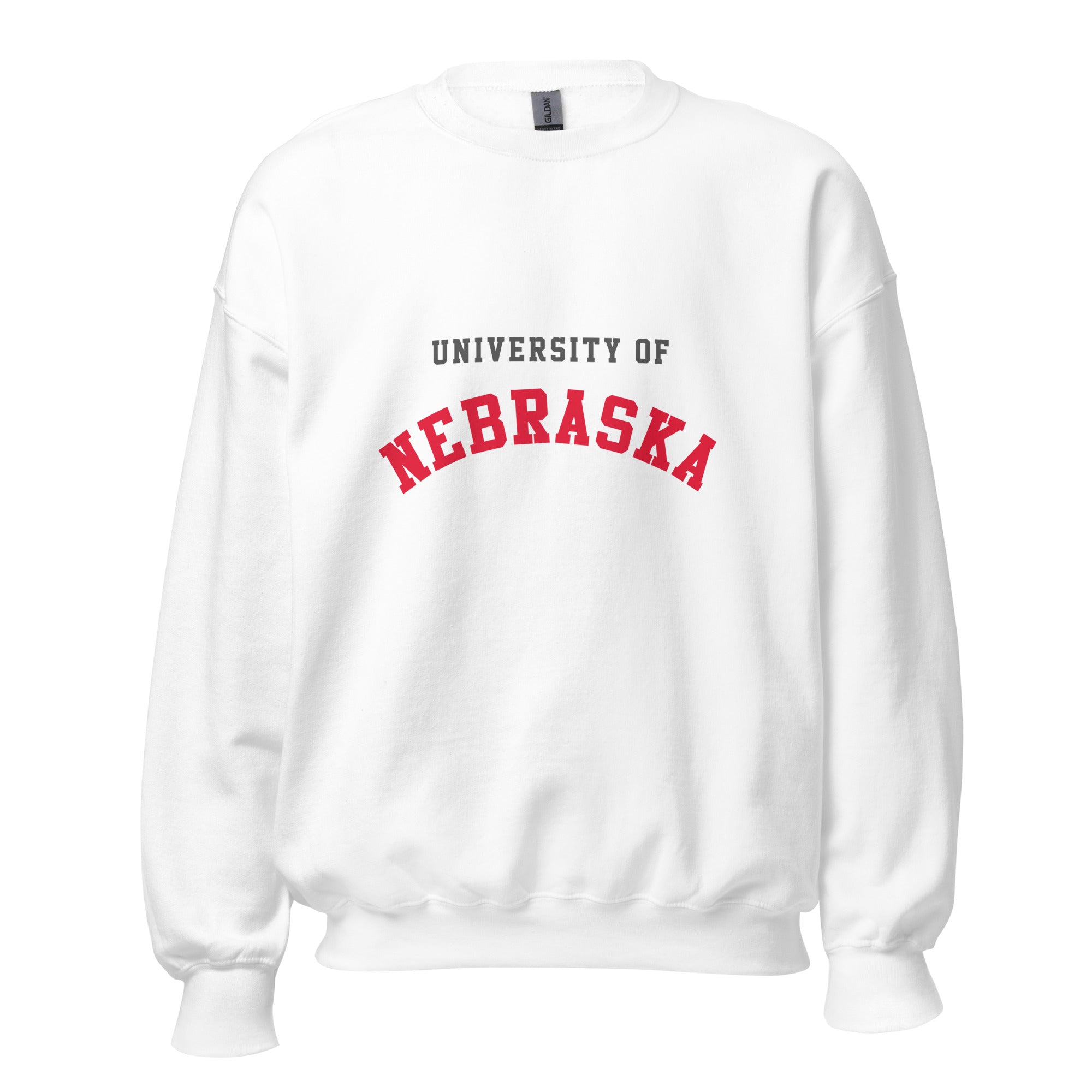 Unisex sweatshirt featuring University of Nebraska name and branding in scarlet and cream