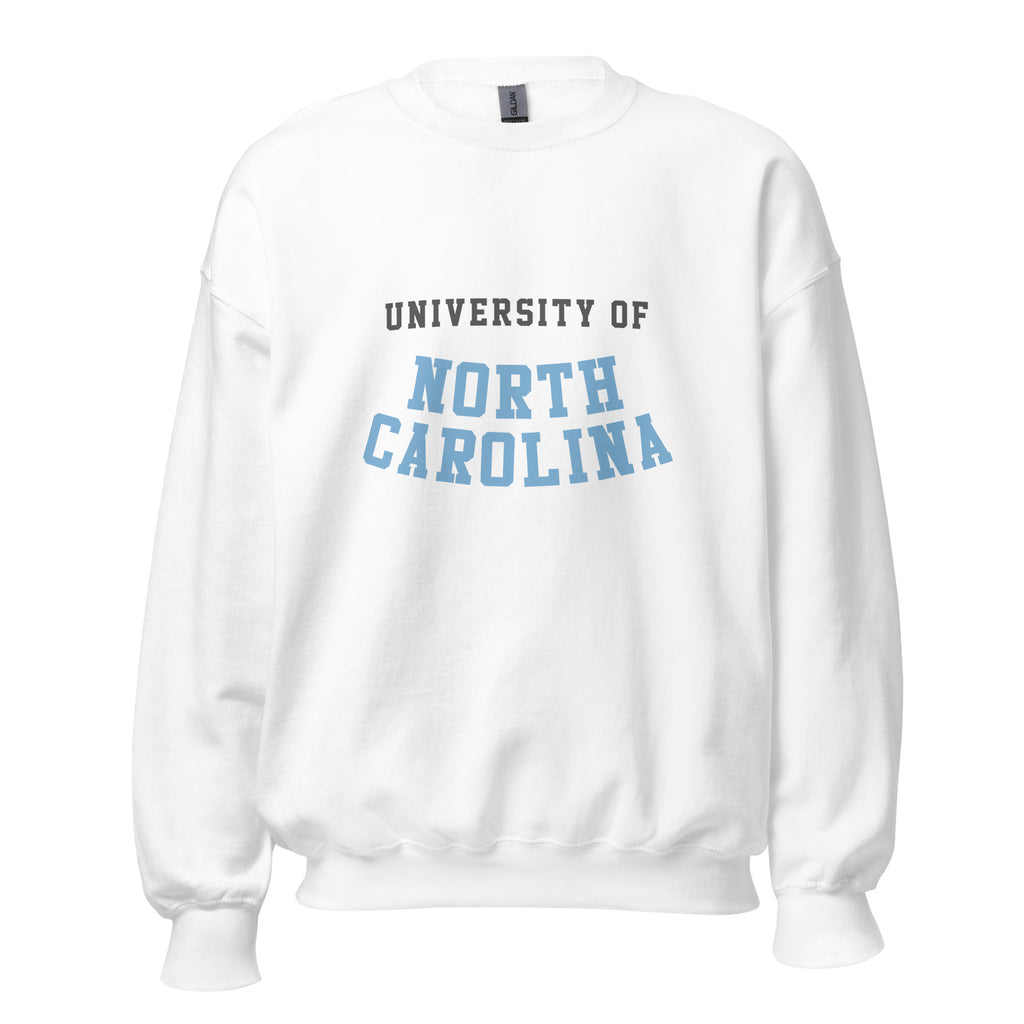 Unisex sweatshirt featuring University of North Carolina name and branding in Carolina blue and white