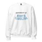Unisex sweatshirt featuring University of North Carolina name and branding in Carolina blue and white