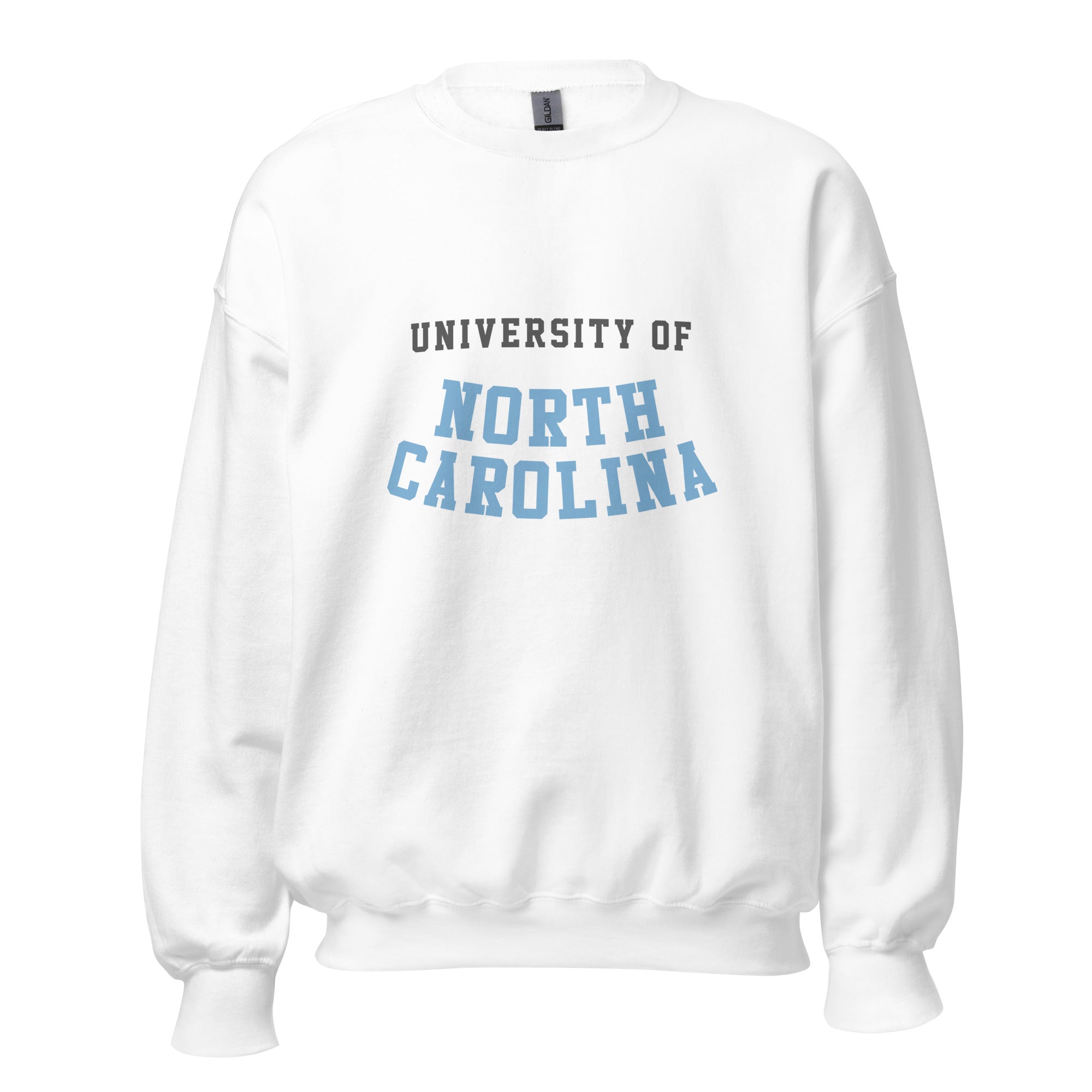Unisex sweatshirt featuring University of North Carolina name and branding in Carolina blue and white