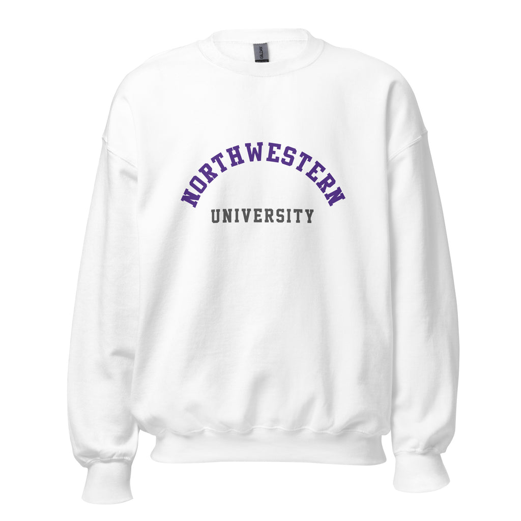 Unisex sweatshirt featuring Northwestern University name and branding in purple and white