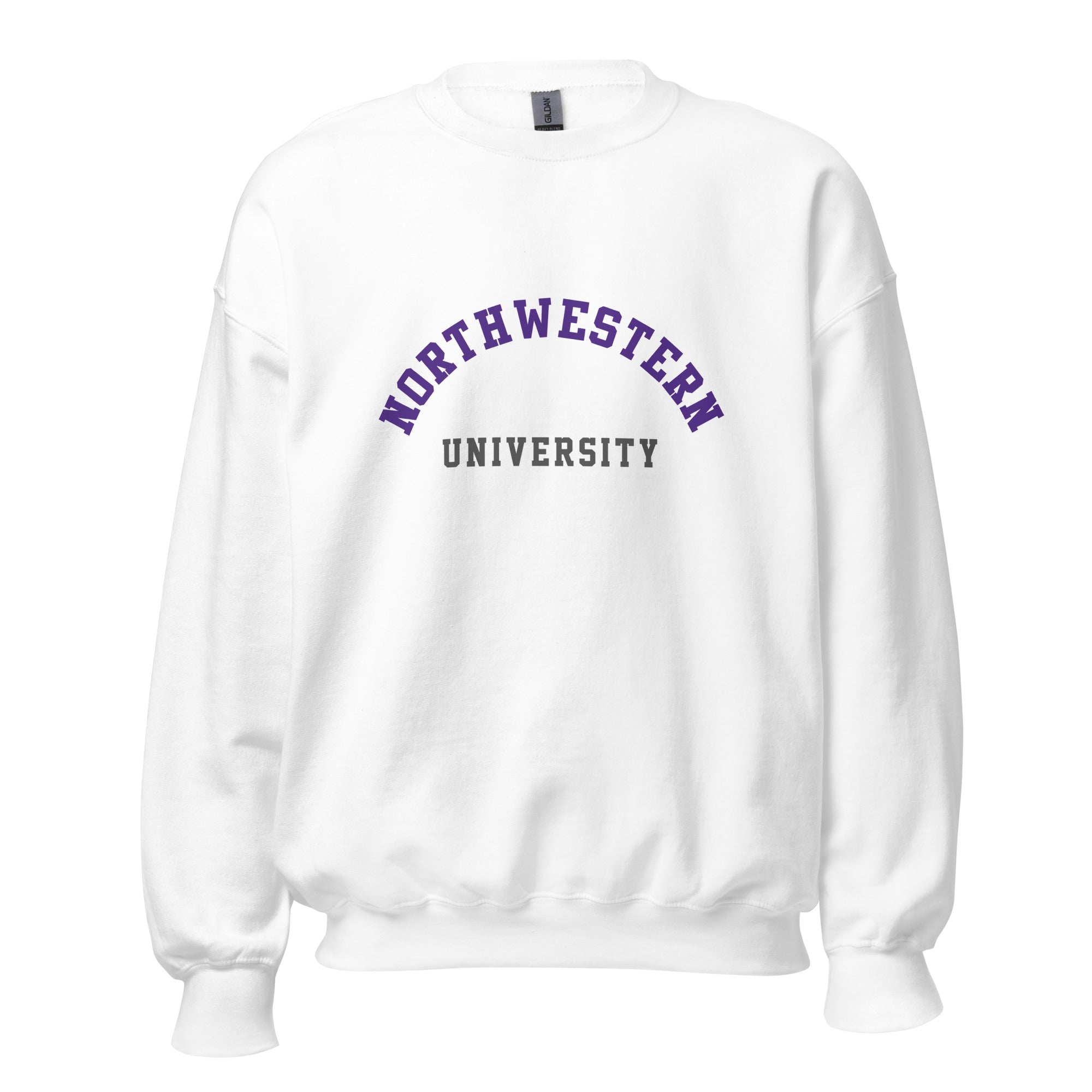 Unisex sweatshirt featuring Northwestern University name and branding in purple and white