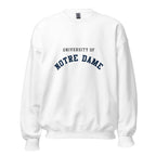 Unisex sweatshirt featuring University of Notre Dame name and branding in navy and gold
