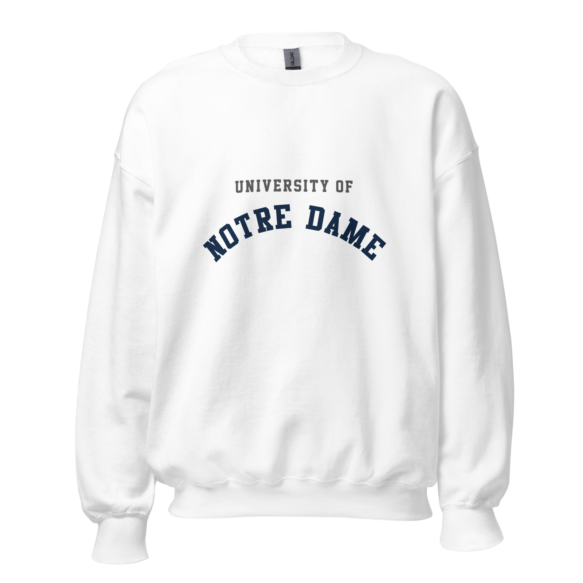 Unisex sweatshirt featuring University of Notre Dame name and branding in navy and gold