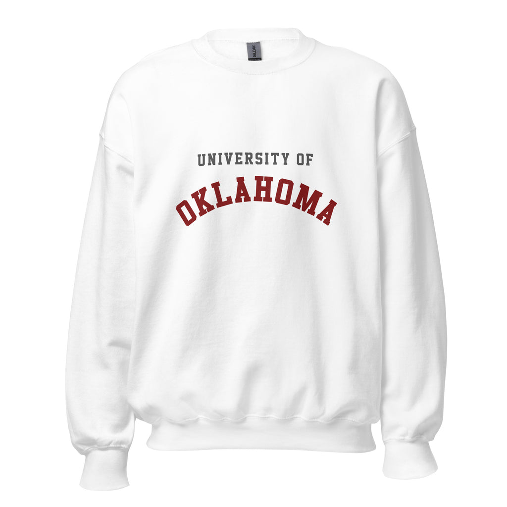 Unisex sweatshirt featuring University of Oklahoma name and branding in crimson and cream