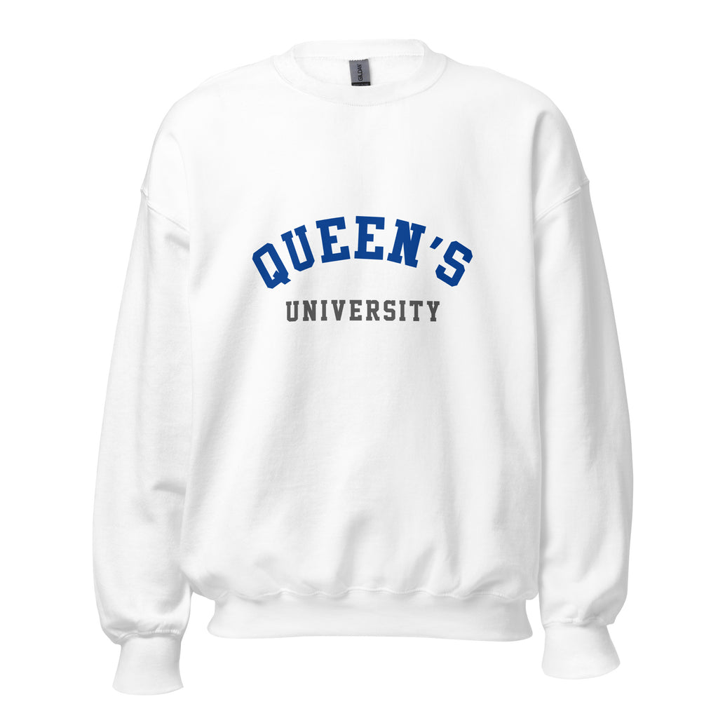 Unisex sweatshirt featuring Queen's University name and branding in blue and red