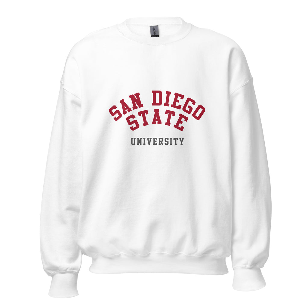 Unisex sweatshirt featuring San Diego State University name and branding in scarlet and black