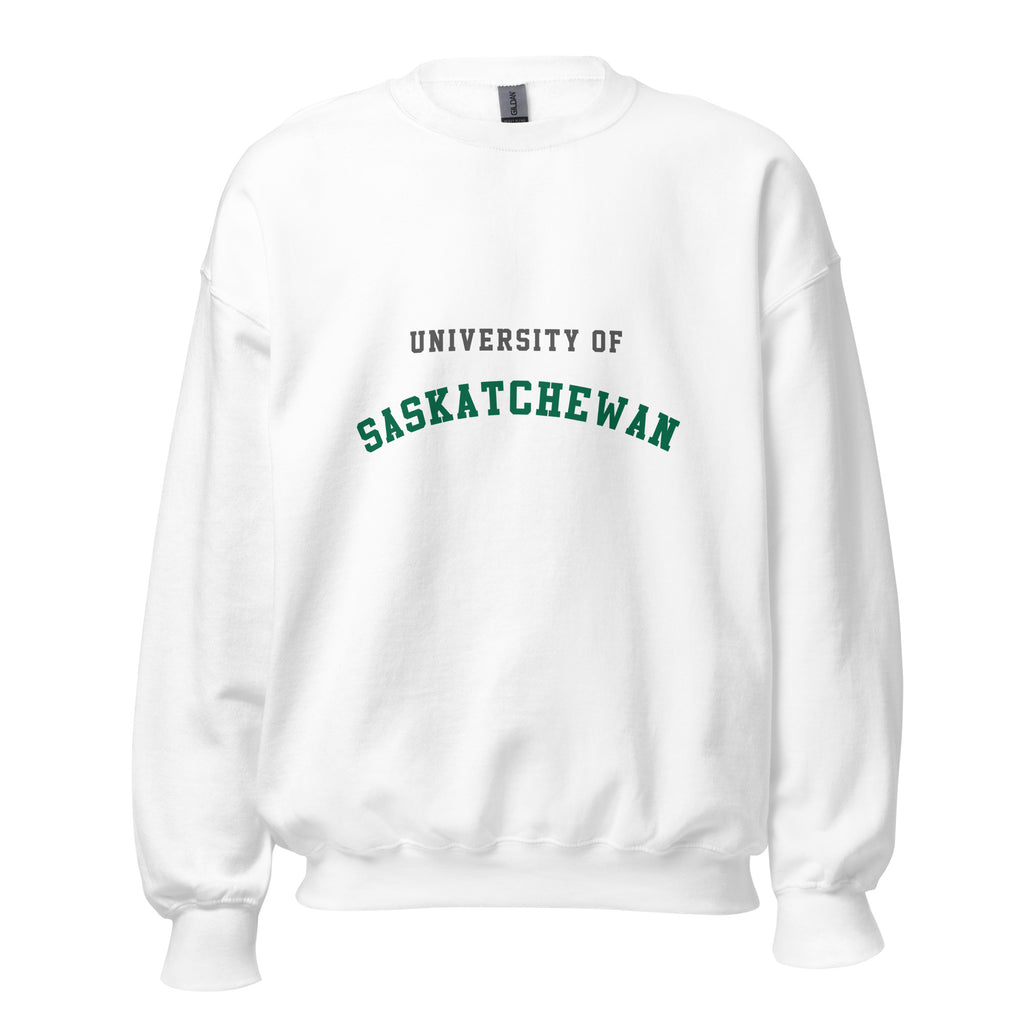 Unisex sweatshirt featuring University of Saskatchewan name and branding in green and gold