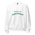 Unisex sweatshirt featuring University of Saskatchewan name and branding in green and gold