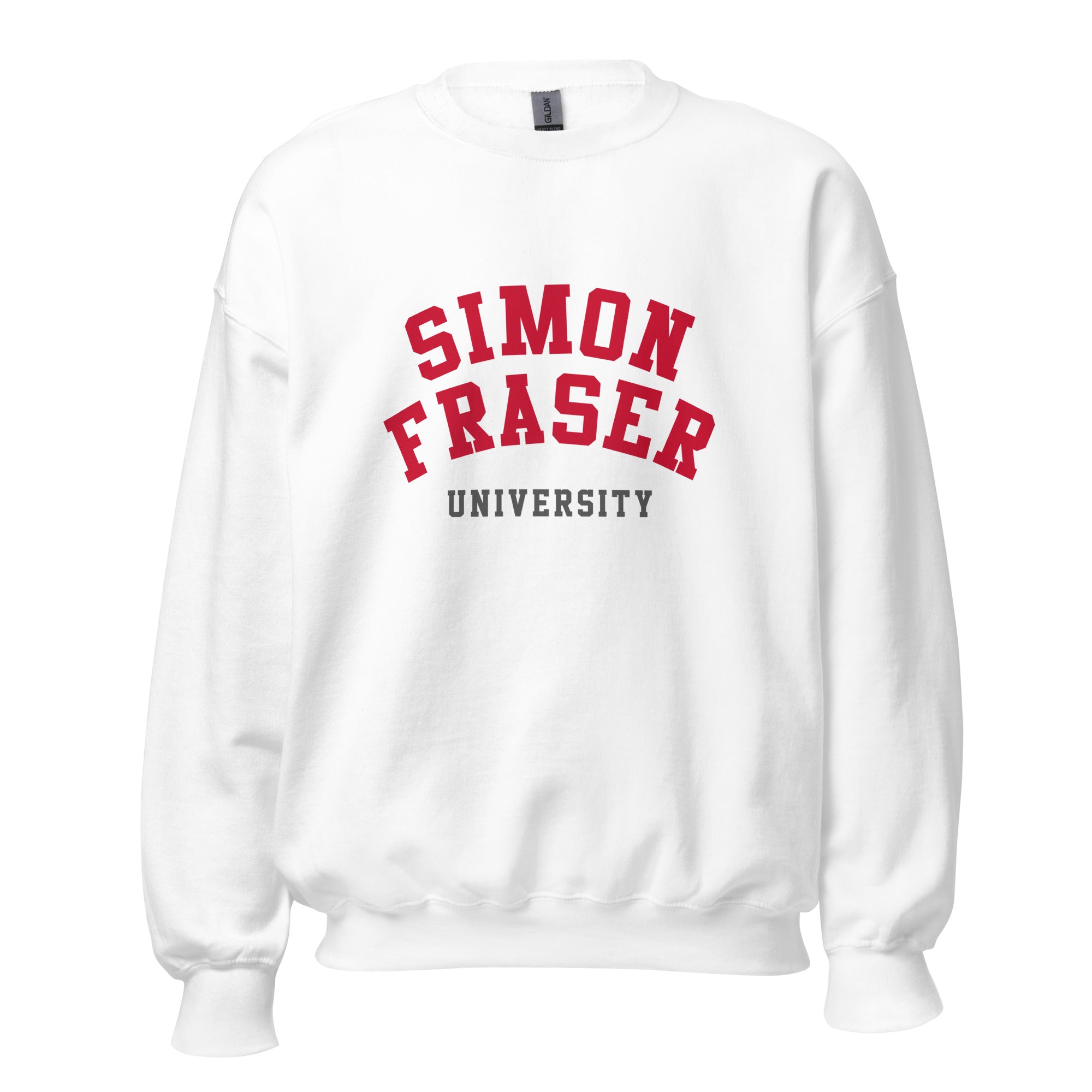 Unisex sweatshirt featuring Simon Fraser University name and branding in red and white