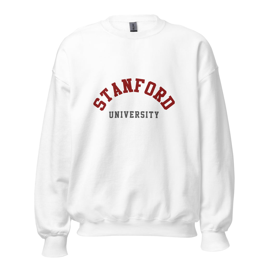 Unisex sweatshirt featuring Stanford University name and branding in cardinal red and white