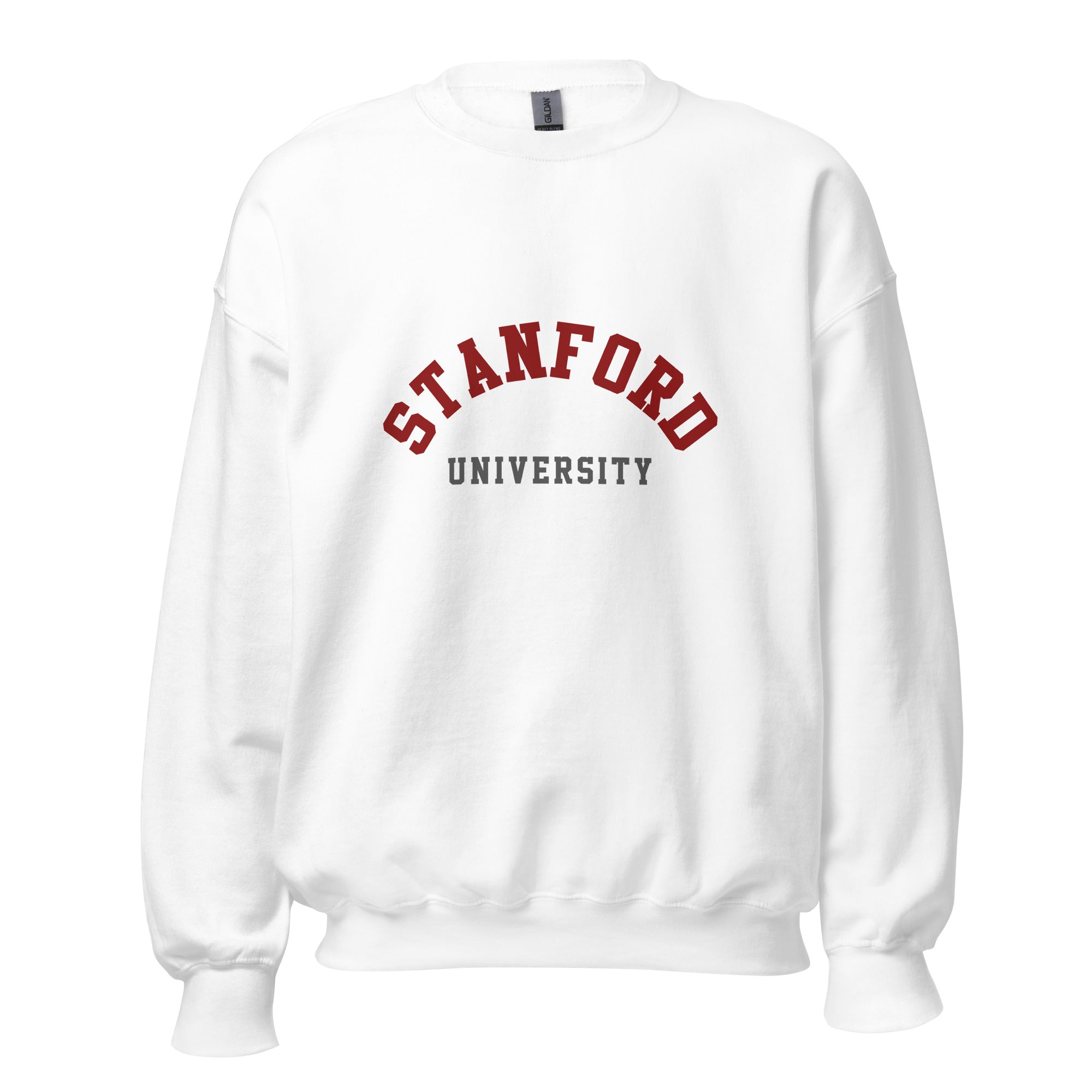 Unisex sweatshirt featuring Stanford University name and branding in cardinal red and white