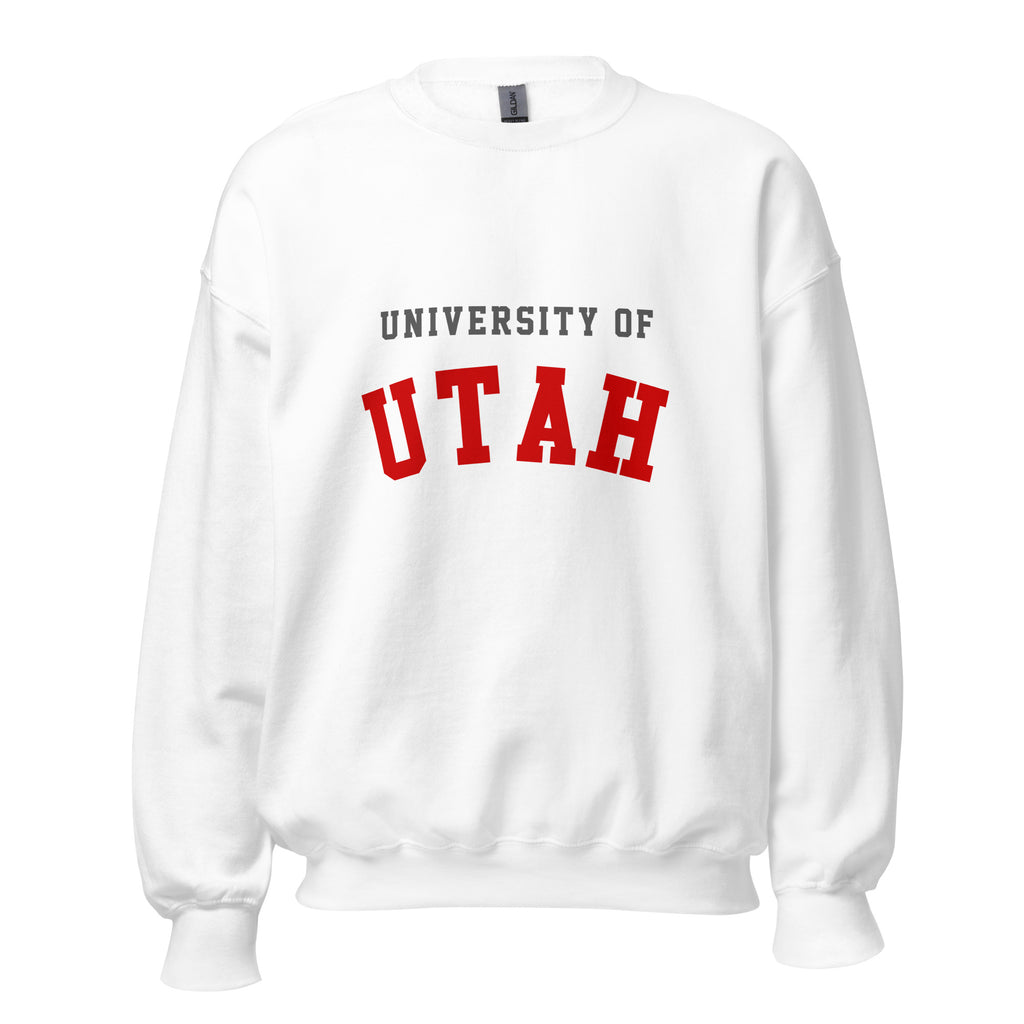 Unisex sweatshirt featuring University of Utah name and branding in crimson and white
