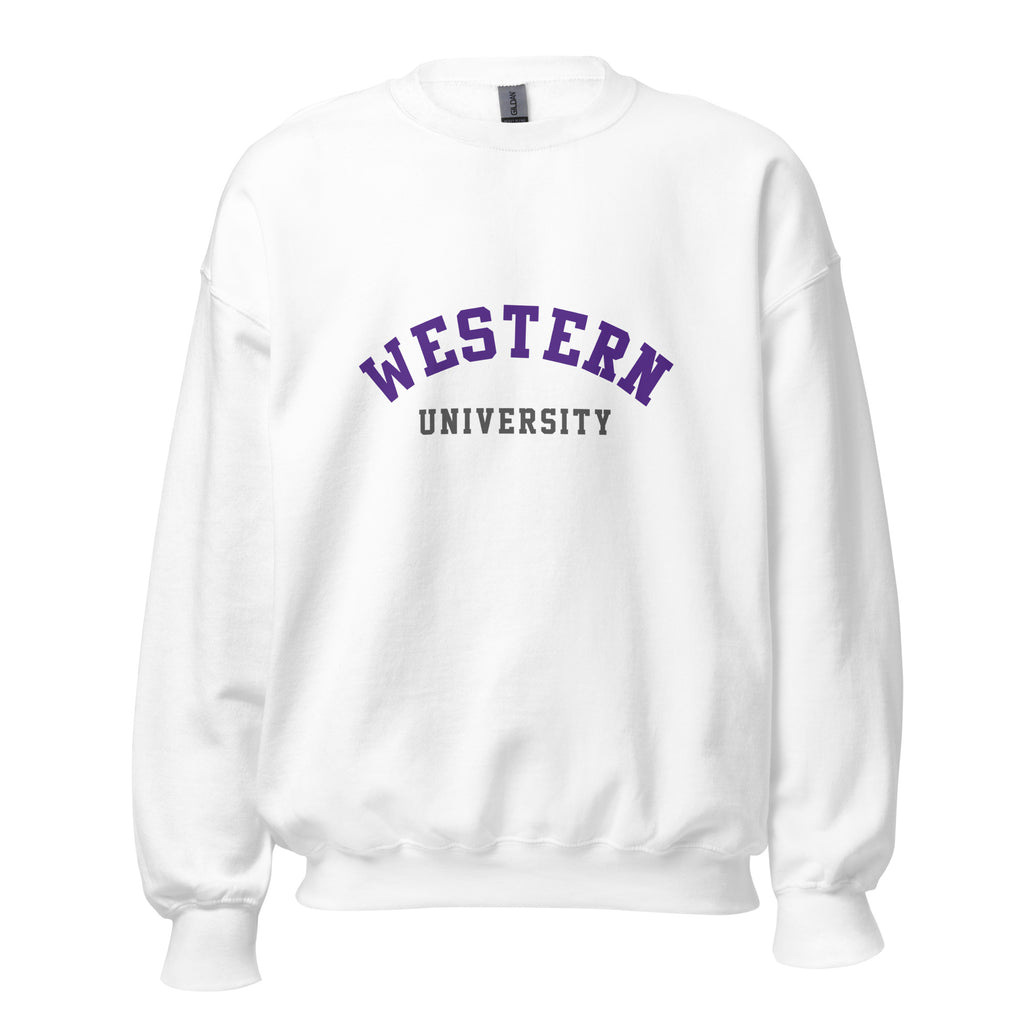 Unisex sweatshirt featuring Western University name and branding in purple and white