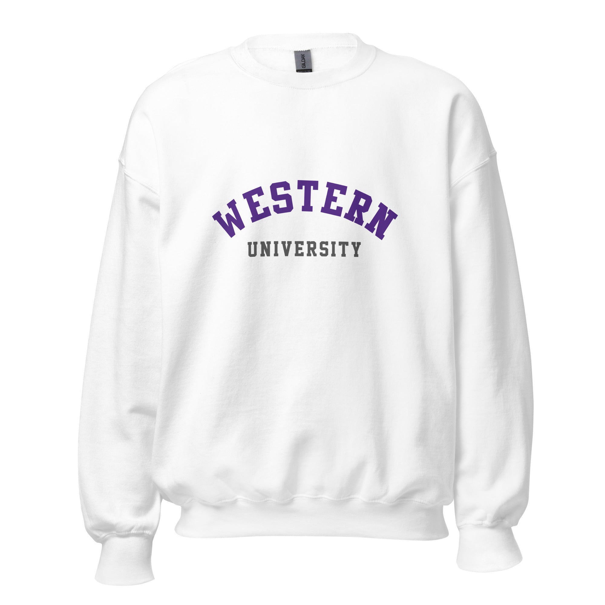 Unisex sweatshirt featuring Western University name and branding in purple and white