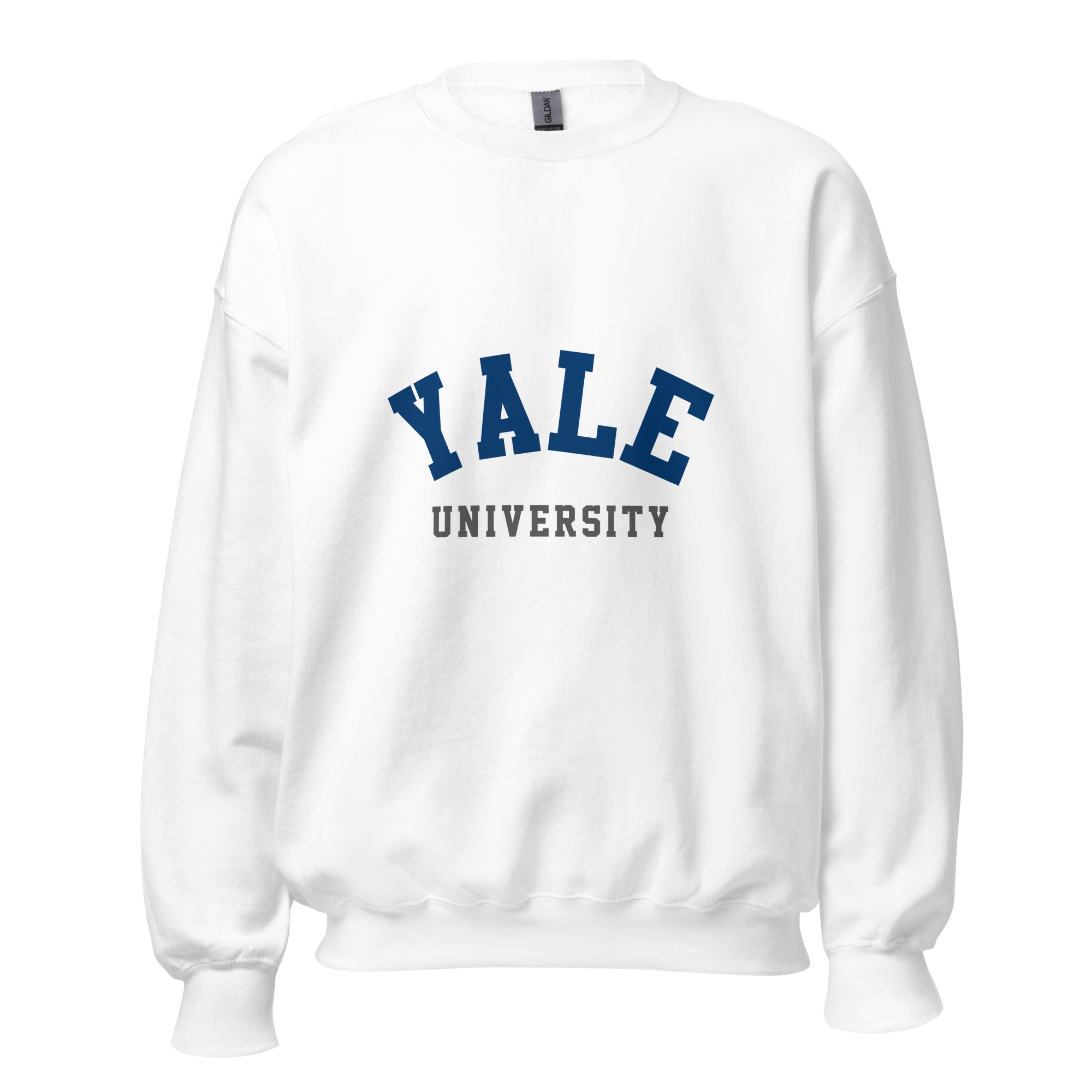 Unisex white sweatshirt featuring Yale University logo printed across the front chest