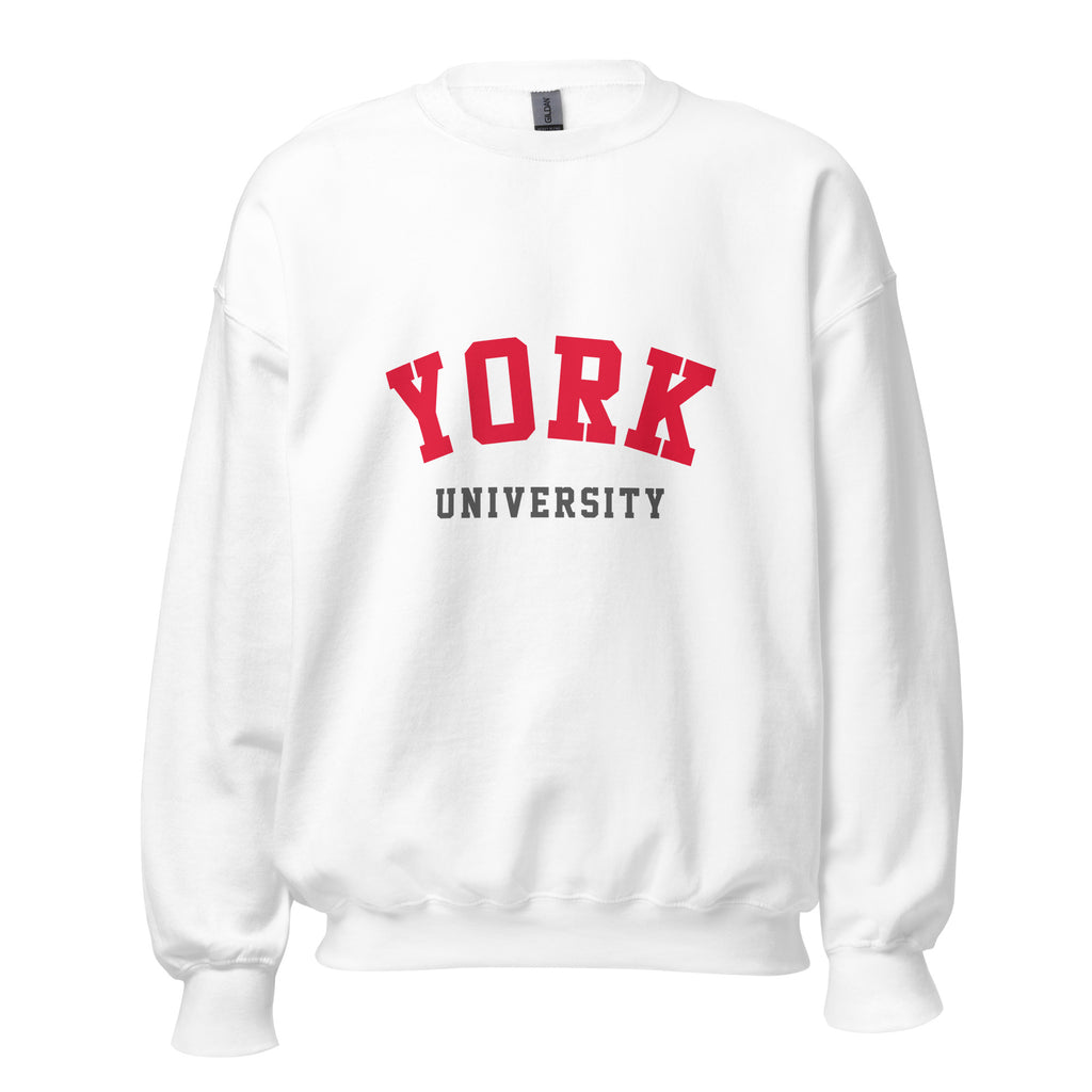 Unisex navy blue sweatshirt featuring York University logo printed across the front chest