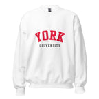 Unisex navy blue sweatshirt featuring York University logo printed across the front chest