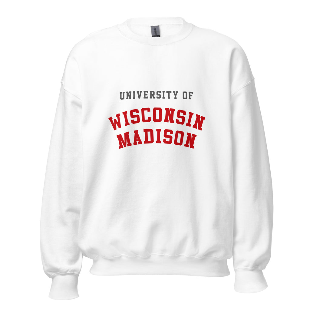 Unisex navy blue sweatshirt featuring University of Wisconsin-Madison logo printed across the front chest