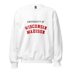 Unisex navy blue sweatshirt featuring University of Wisconsin-Madison logo printed across the front chest