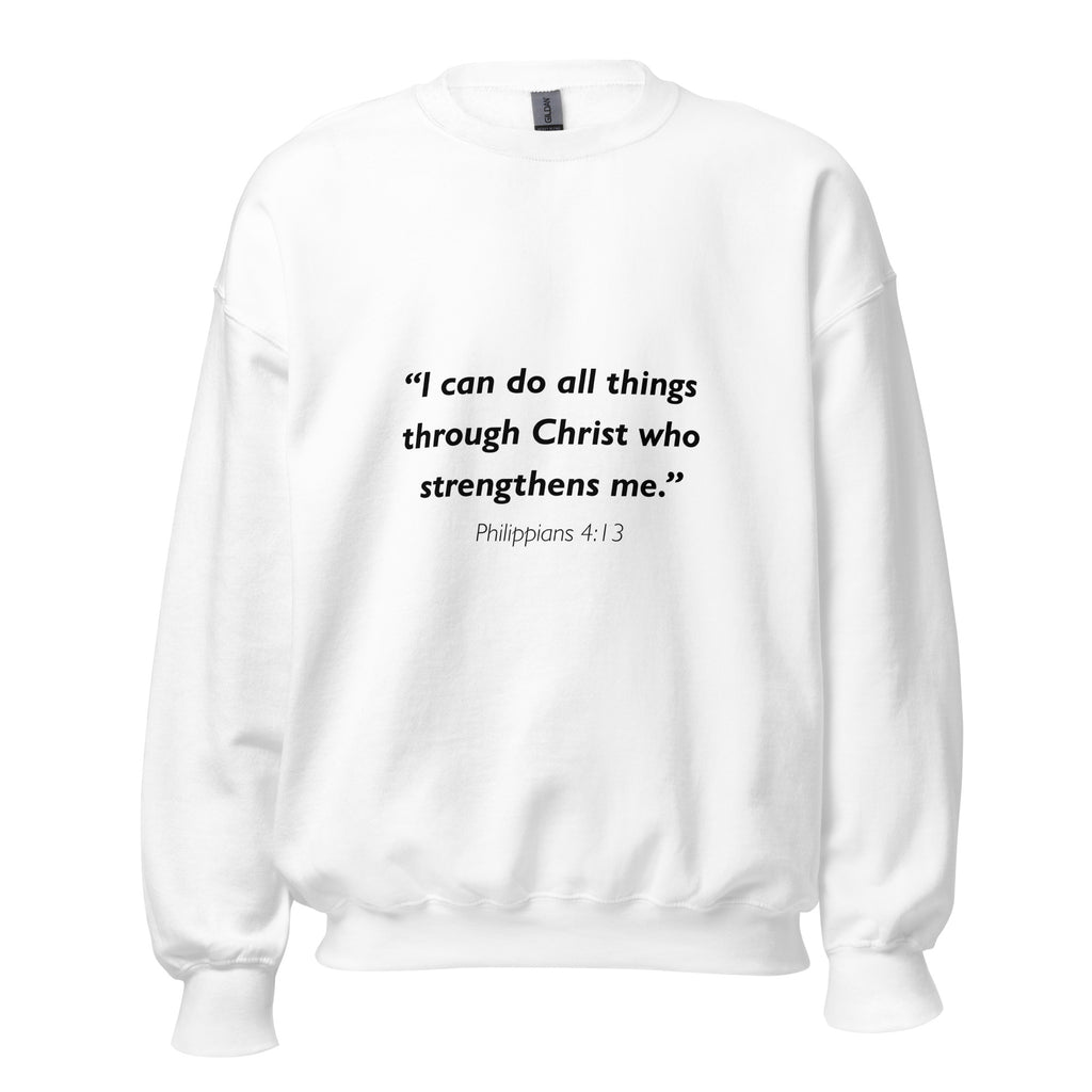Unisex navy blue sweatshirt with Philippians 4:13 Bible verse printed in black text on front