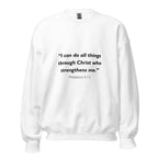 Unisex navy blue sweatshirt with Philippians 4:13 Bible verse printed in black text on front