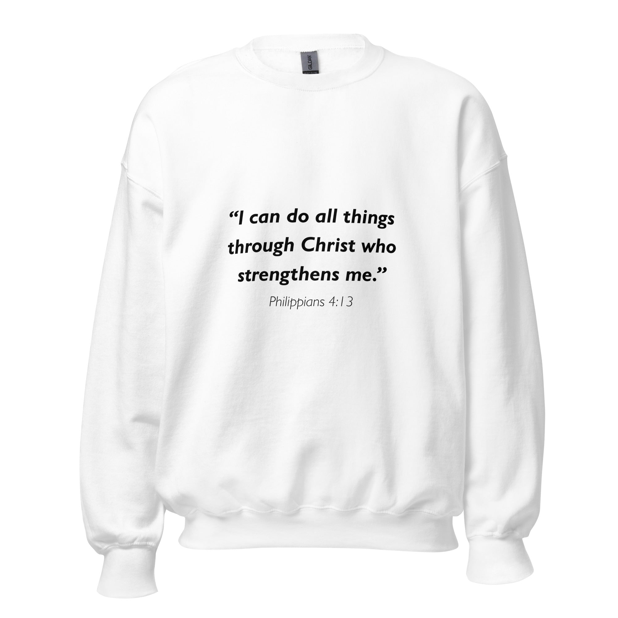 Unisex navy blue sweatshirt with Philippians 4:13 Bible verse printed in black text on front