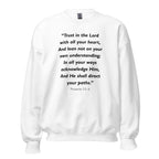 Unisex black sweatshirt with Proverbs 3:5-6 Bible verse printed in black text on front